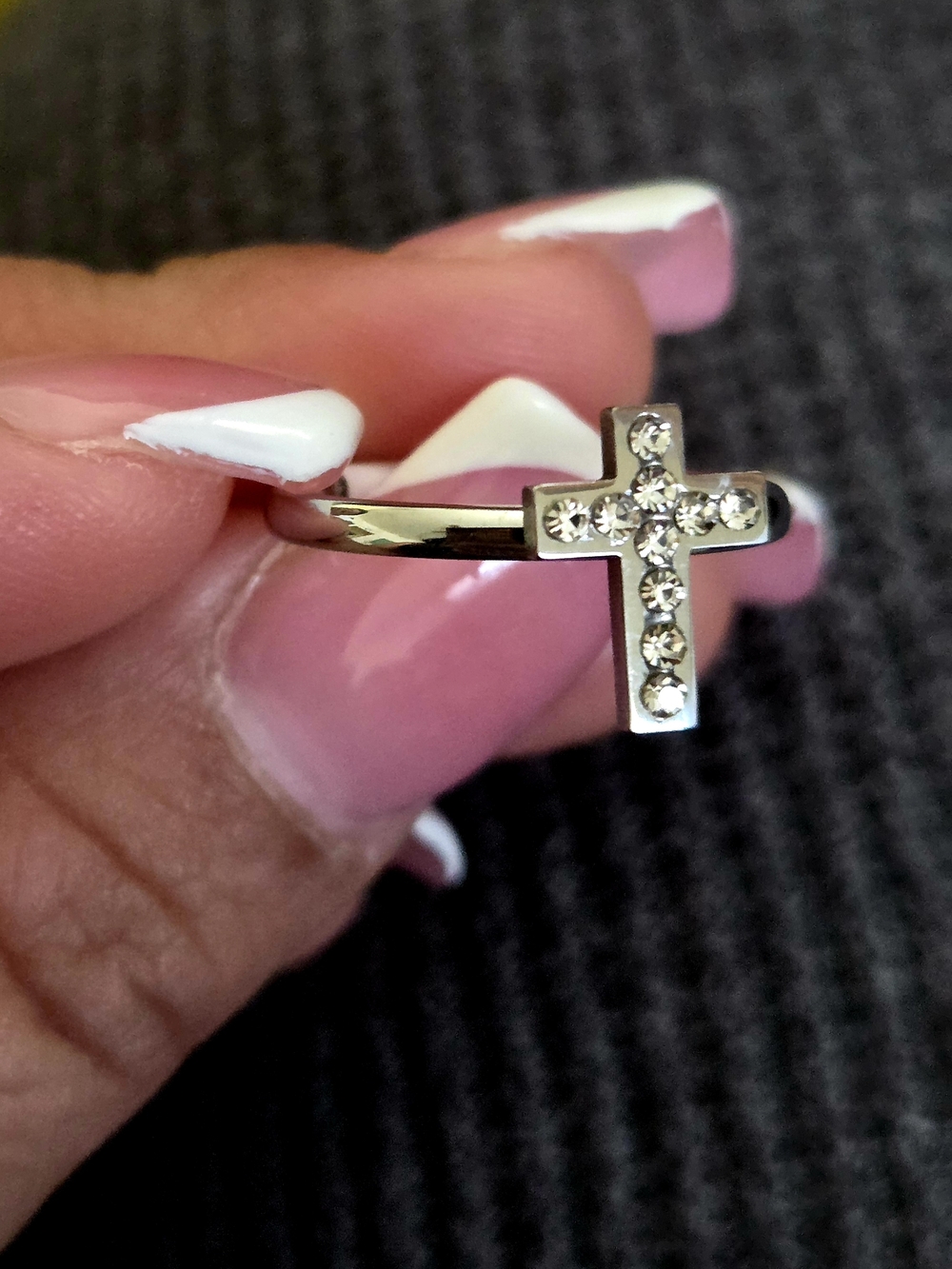 Silvertone Stainless Steel Cross Ring with Crystal Detailing - Women Jewelry